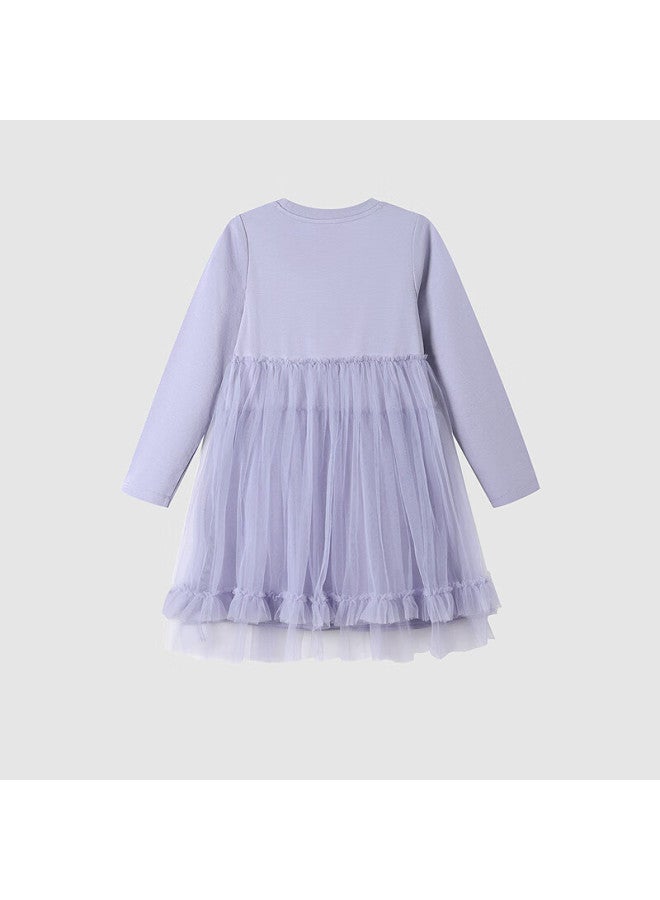 Annil Girls' Long-sleeve Dress, Spring New Style, Cloud Purple, Size 140 - Image 1