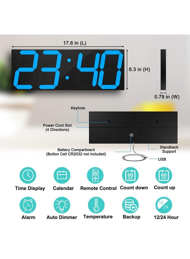 CHkosda CHKOSDA LED Large Digital Wall Clock, Oversize Wall Clock with 6” Numbers, Remote Control Count up/Countdown Timer Clock, Auto Dimmer, Big Calendar and Thermometer(Ice Blue)  - Image 2
