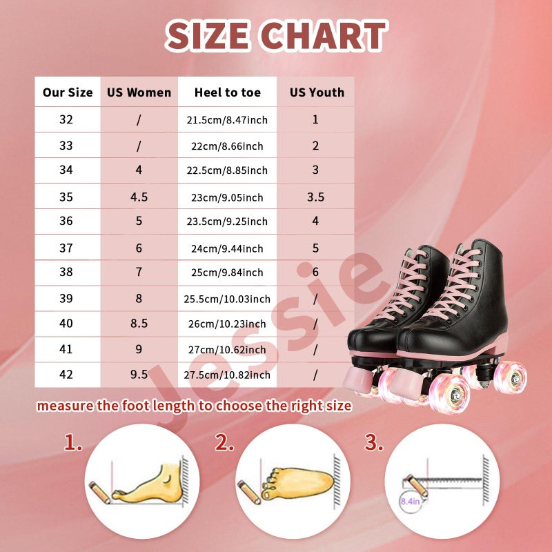 jessie Roller Skates for Girl and Women, PU Leather Flash Kids Roller Skates, Classic Adjustable Four-Wheel Beginner Girl Skates Roller Skates Girls Ages 8-12 for Indoor Outdoor (Flash Wheel 38) - Image 5