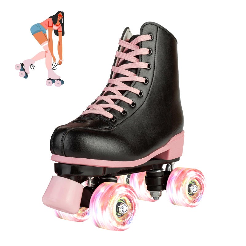 jessie Roller Skates for Girl and Women, PU Leather Flash Kids Roller Skates, Classic Adjustable Four-Wheel Beginner Girl Skates Roller Skates Girls Ages 8-12 for Indoor Outdoor (Flash Wheel 38) - Image 1