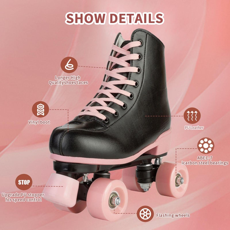 jessie Roller Skates for Girl and Women, PU Leather Flash Kids Roller Skates, Classic Adjustable Four-Wheel Beginner Girl Skates Roller Skates Girls Ages 8-12 for Indoor Outdoor (Flash Wheel 38) - Image 2