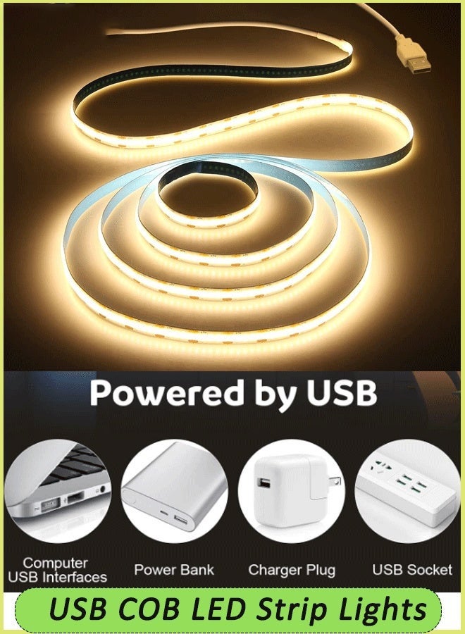شريط إضاءة LED بمنفذ USB COB باللون الأبيض الدافئ مع إضاءة خلفية للتلفاز، 5 فولت و5 أمتار، مجموعة شريط إضاءة LED، شريط إضاءة LED فائق السطوع، إضاءة مرنة تحت الخزانة تعمل بمنفذ USB لغرفة النوم والمطبخ وديكور مرآة الزينة المنزلية وخزانة غرفة النوم وديكور القارب - Image 1