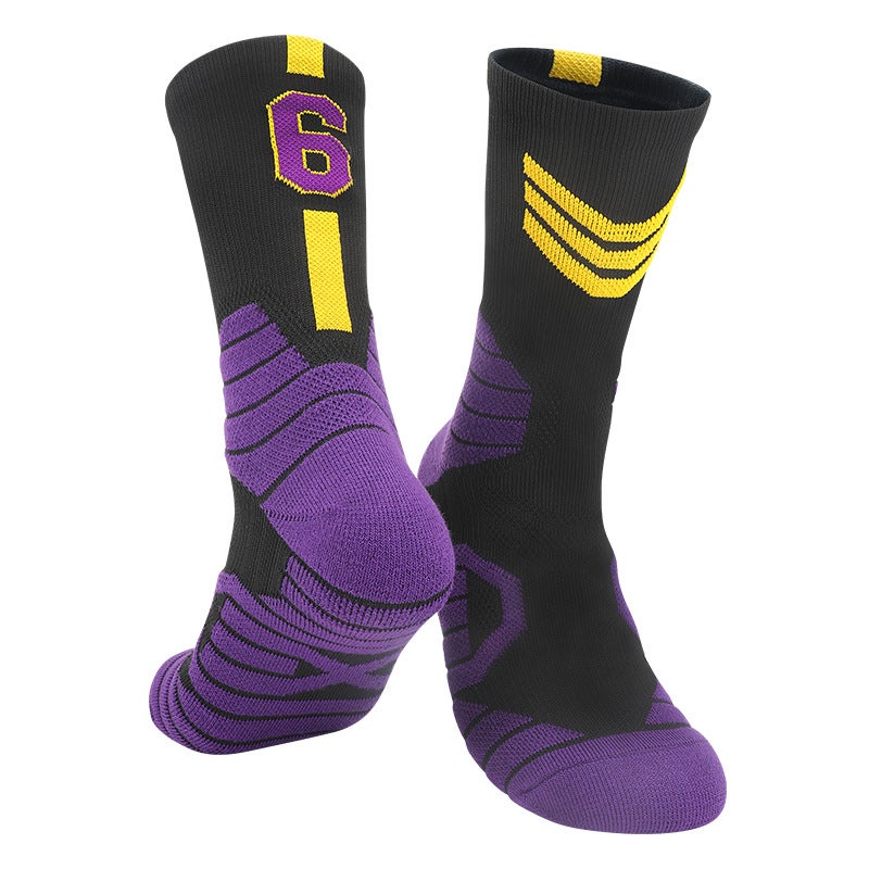Generic Spring and Summer High-Top Basketball Socks, Stockings, Mens Sports Socks, Boys and Childrens Sweat-Absorbent Mid-Length Towel Socks, Mens Wholesale Black purple-no. 6
