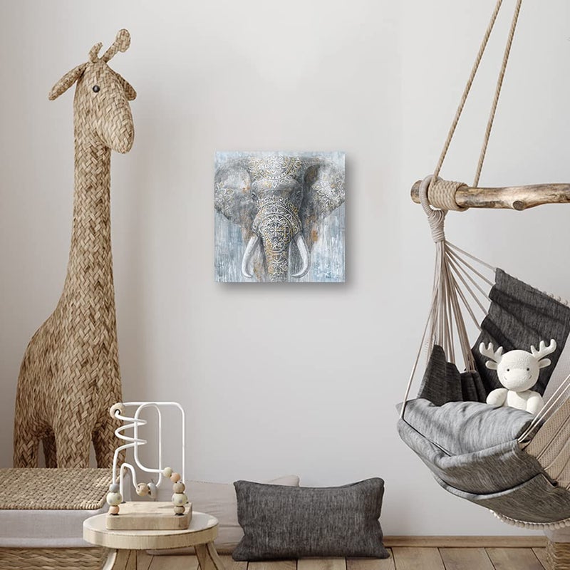 Yidepot Yidepot Grey Blue Elephant Wall Decor - Wild Animals Canvas Elephants Print for Bedroom Framed Ready to hang 12x12inch  - Image 4