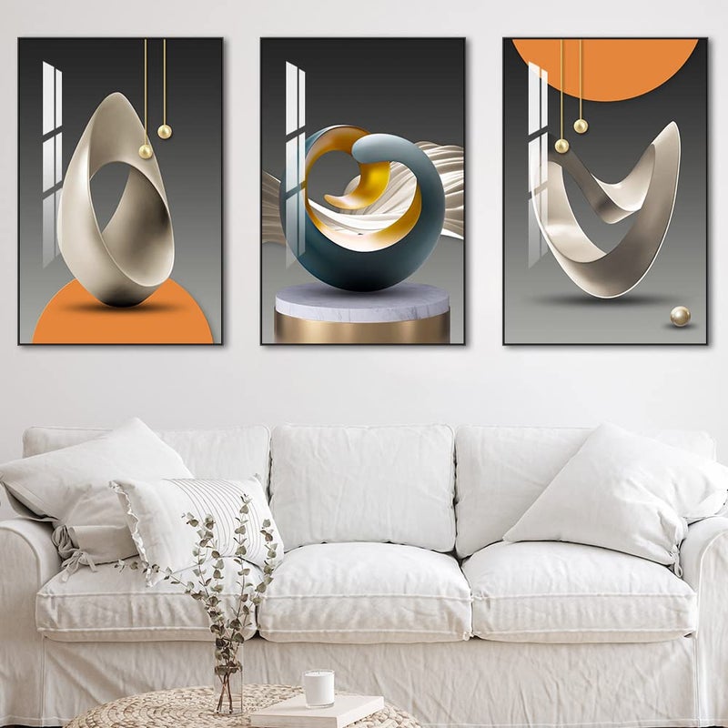 MPLONG Wall Art, Bright Style Framed Wall Art, Abstract Modern Art Shape Pattern White Blue Yellow Grey Wall Art Artfully Matching Living Room Bedroom Office Wall Decor - 20"x 28"x 3 Panels - Image 3