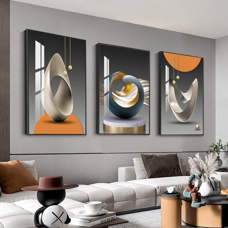 MPLONG Wall Art, Bright Style Framed Wall Art, Abstract Modern Art Shape Pattern White Blue Yellow Grey Wall Art Artfully Matching Living Room Bedroom Office Wall Decor - 20"x 28"x 3 Panels - Image 1