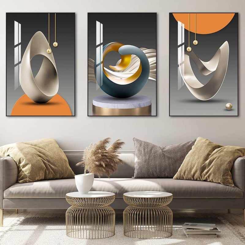 MPLONG Wall Art, Bright Style Framed Wall Art, Abstract Modern Art Shape Pattern White Blue Yellow Grey Wall Art Artfully Matching Living Room Bedroom Office Wall Decor - 20"x 28"x 3 Panels - Image 2