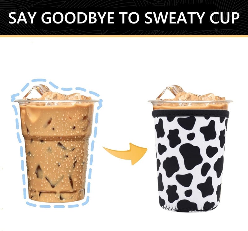 واي آر Reusable Neoprene Insulator Sleeve for Iced Coffee Cups, 3 Pack Coffee Coolies sleeves for Iced  Hot Drinks, Cold Beverage Cooler Compatible with Starbucks Coffee and More (Cow) - Image 3