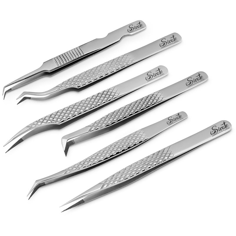 SIVOTE Eyelash Extension Tweezers Fiber Tips Japanese Steel Set of 6  Curved Dolphin 90 45 Volume Boot  Slight Curved Tweezer  Professional Lash Tweezers for Lash Extensions Silver