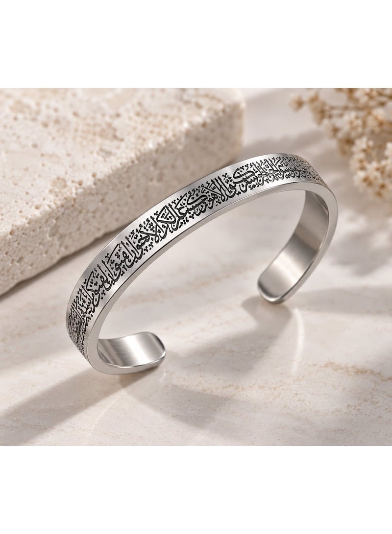 Shein Silver-Tone Stainless Steel Open Cuff Bracelet for Women, Detailed Black Arabic Calligraphy Engraving, Adjustable Bangle, Elegant Statement Jewelry - Image 1