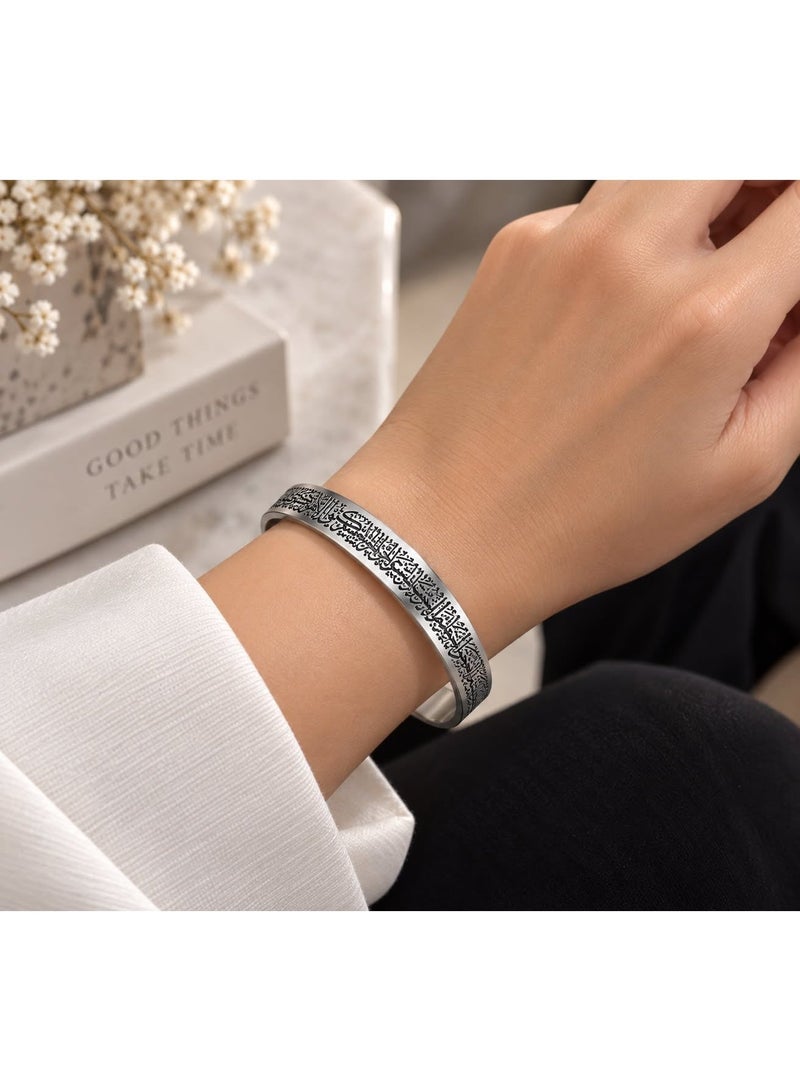 Shein Silver-Tone Stainless Steel Open Cuff Bracelet for Women, Detailed Black Arabic Calligraphy Engraving, Adjustable Bangle, Elegant Statement Jewelry - Image 4