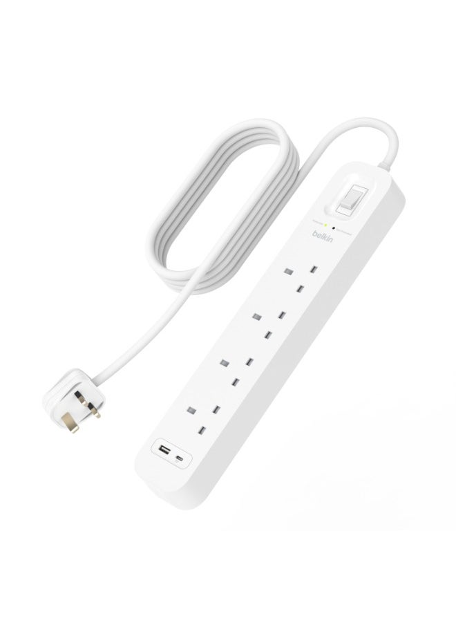 belkin - 4-Outlet Surge Protector w/ Charging Ports 18W | 2meters Cable Length, 525 Joules Protection, PD Fast Charge 1x USB/C 1x USB-A, Heavy Duty Chord, w/ Switch & LED Indicator - UK 3-Pin - Image 1