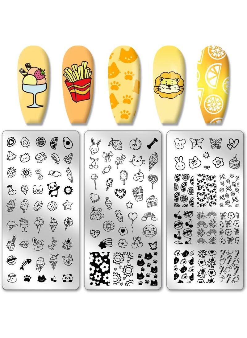 PH PandaHall - PH PandaHall 3pcs Cute Nail Stamping Plates, Cartoon Pictures Nail Stamper Dessert Ice Cream Cute Animals Nail Art Stencils Stainless Steel Nail Image Plates for Nail Art Design Manicure Salon - Image 1