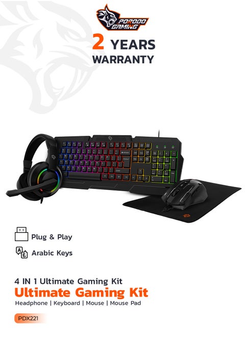 4 in 1 Gaming Kit with Keyboard / Head phone / Mouse and Mouse Pad / Windows and Linux Compatibility / 13 RGB Light Mode - Black