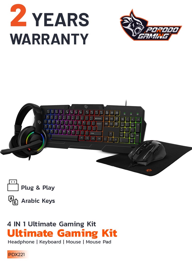4 in 1 Gaming Kit with Keyboard / Head phone / Mouse and Mouse Pad / Windows and Linux Compatibility / 13 RGB Light Mode / Gaming Combo Set- Black