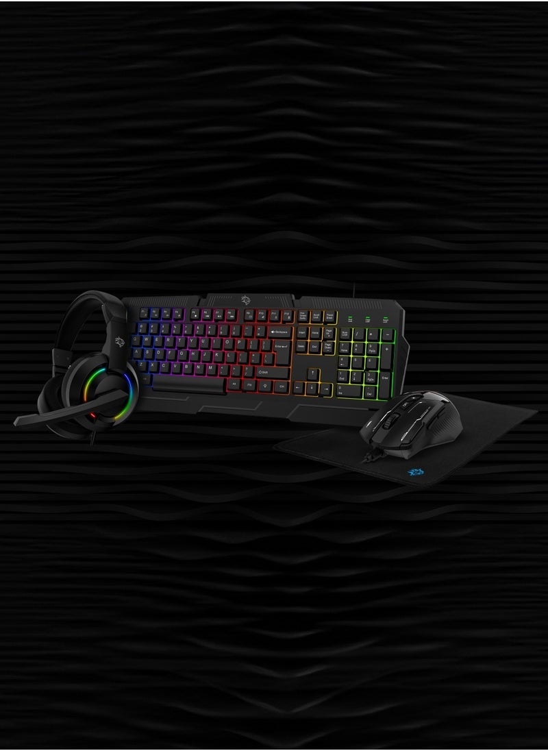 porodo - 4 in 1 Gaming Kit with Keyboard / Head phone / Mouse and Mouse Pad / Windows and Linux Compatibility / 13 RGB Light Mode - Black - Image 1