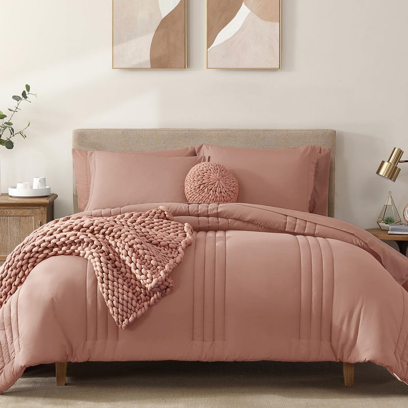 Monbix Queen Comforter Set - 7 Pieces Clay Pink Bed in a Bag Queen Bedding Sets with Comforters, All Seasons Comforter Bed Set with Sheets, Pillowcases & Shams - Image 1