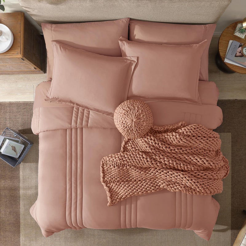 Monbix Queen Comforter Set - 7 Pieces Clay Pink Bed in a Bag Queen Bedding Sets with Comforters, All Seasons Comforter Bed Set with Sheets, Pillowcases & Shams - Image 5