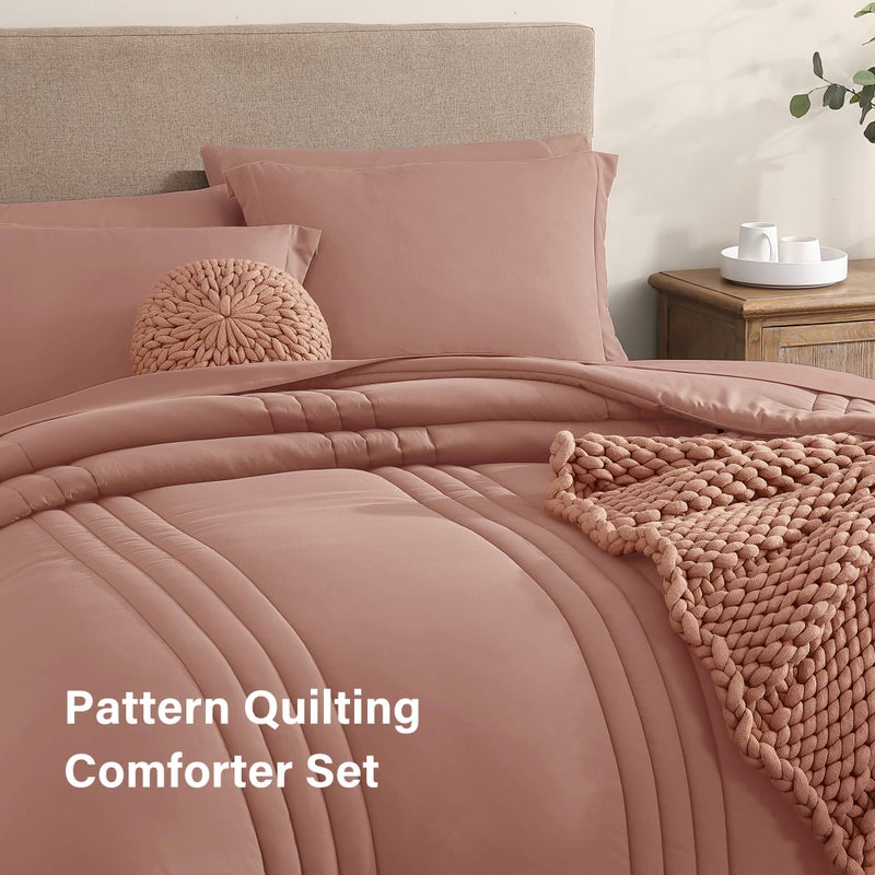 Monbix Queen Comforter Set - 7 Pieces Clay Pink Bed in a Bag Queen Bedding Sets with Comforters, All Seasons Comforter Bed Set with Sheets, Pillowcases & Shams - Image 3