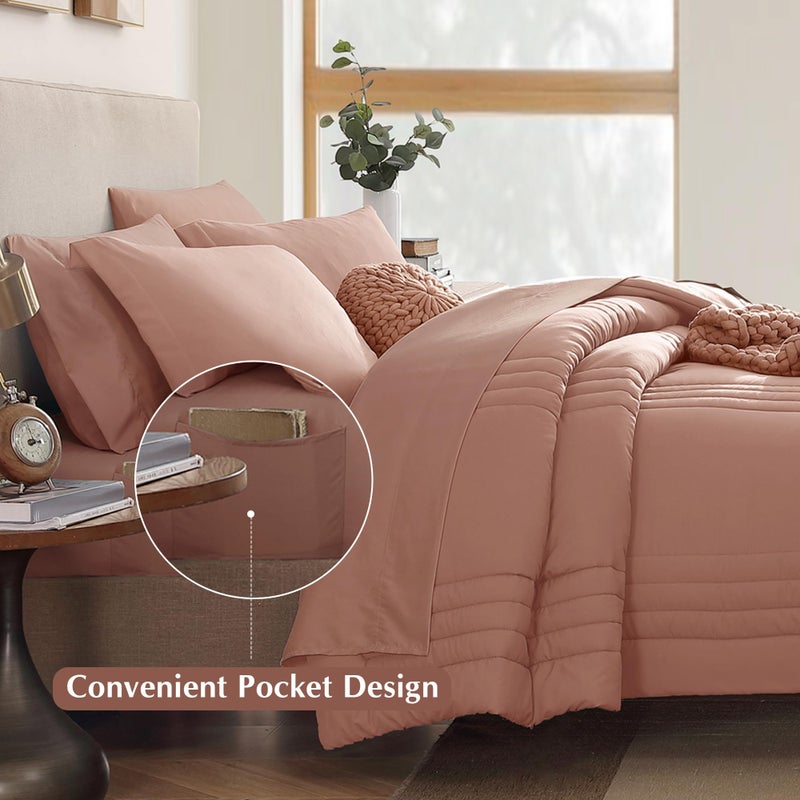 Monbix Queen Comforter Set - 7 Pieces Clay Pink Bed in a Bag Queen Bedding Sets with Comforters, All Seasons Comforter Bed Set with Sheets, Pillowcases & Shams - Image 4