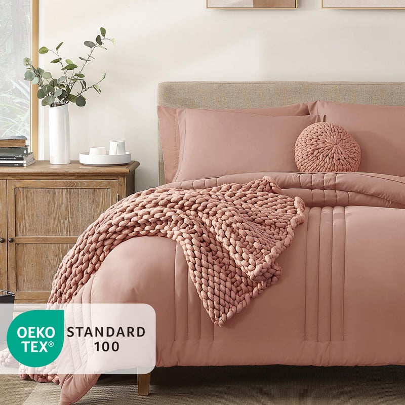 Monbix Queen Comforter Set - 7 Pieces Clay Pink Bed in a Bag Queen Bedding Sets with Comforters, All Seasons Comforter Bed Set with Sheets, Pillowcases & Shams - Image 2