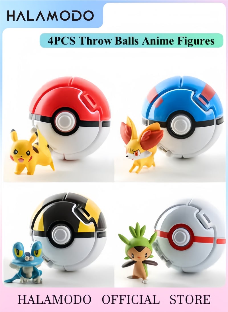 Halamodo 4 قطع من كرات الرمي وشخصيات الأنمي، كرة بوكيمون بوكيبول بضغطة زر، مصنوعة من البلاستيك المتين، آمنة للاستخدام، كل واحدة بطول 7 سم، للأطفال من سن 4 سنوات فما فوق - Image 1