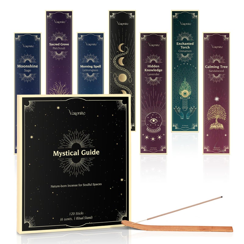 Varonite Mystical Guide Incense Sticks Variety Pack of 6 (120 Insence-Sticks) with Holder: Patchouli, Lavender, Sandalwood, Cinnamon, Lemongrass, Sage Inscents-Stick, Organic Incense Stick Non Toxic - Image 1