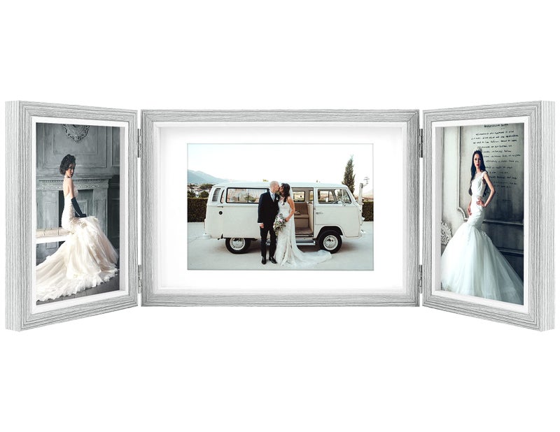 TOFOREVO Three Picture Frame 4x6 and 5x7 Wooden Hinged Folding Photo Frame Definition Glass Stand Vertically on Desktop or TabletopGrey