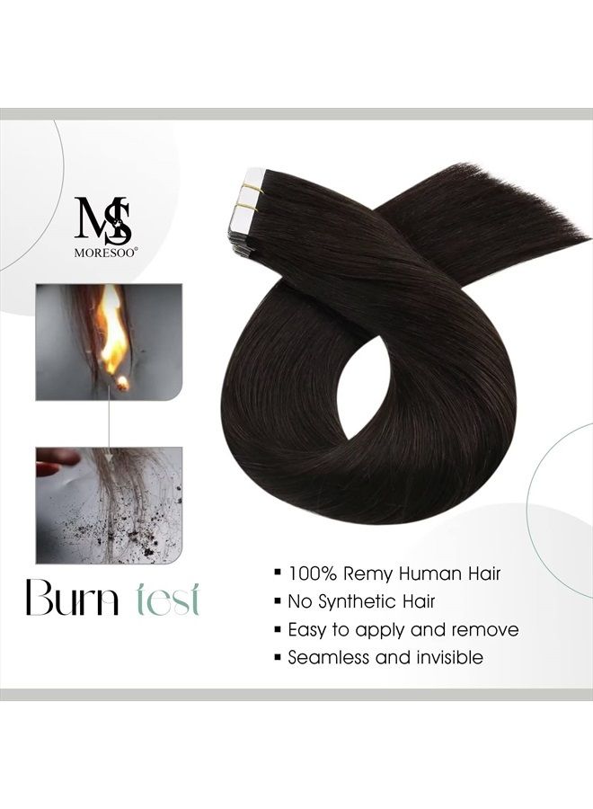 Moresoo Tape Hair Extensions Human Hair 22 Inch Adhesive PU Tape in 20pcs Thick Invisible Tape in Extensions Solid Color #2 Darkest Brown Glue in Double Sided Tape in Real Hair 50g - Image 2