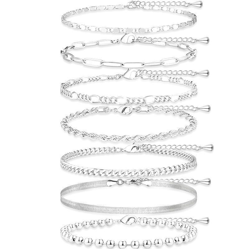 Poxtex Silver Ankle Bracelets for Women Waterproof, Silver Dainty Anklets for Women Large Ankle, Sterling Silver Jewelry Set, Cuban Link for Womens No Tarnish - Image 1