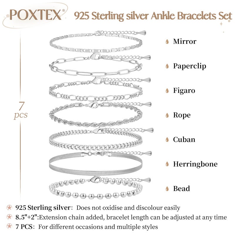 Poxtex Silver Ankle Bracelets for Women Waterproof, Silver Dainty Anklets for Women Large Ankle, Sterling Silver Jewelry Set, Cuban Link for Womens No Tarnish - Image 2
