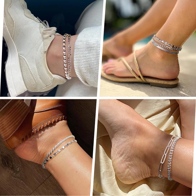 Poxtex Silver Ankle Bracelets for Women Waterproof, Silver Dainty Anklets for Women Large Ankle, Sterling Silver Jewelry Set, Cuban Link for Womens No Tarnish - Image 4