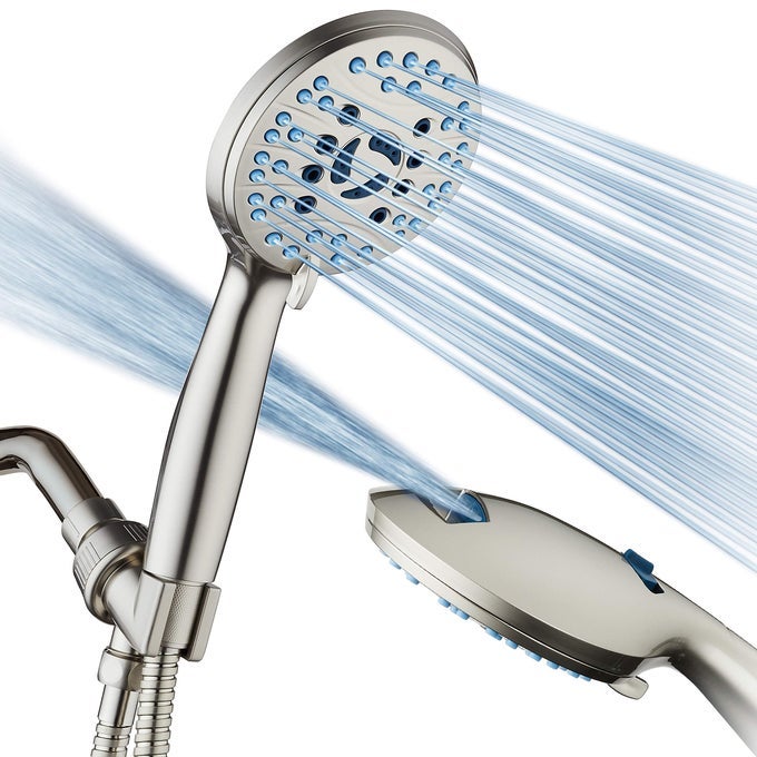 AQUACARE HIGH PRESSURE 8MODE HANDHELD SHOWER HEAD ANTICLOG NOZZLES BUILTIN POWER WASH TO CLEAN TUB TILE PETS EXTRA LONG 6 FT HOSE WALL OVERHEAD BRACKETS 18 GPM