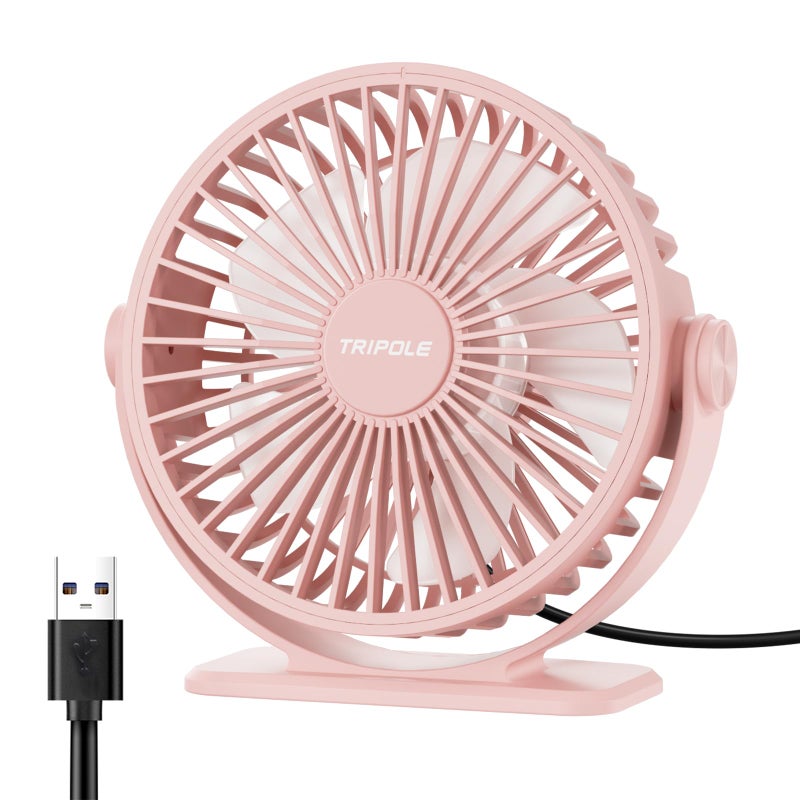 TriPole USB Desk Fan Mini Portable Personal Fan, 3 Speeds Adjustable Strong Breeze Small Electric Fan, 360Â° Rotation Quiet Plug In USB Fan for Desktop Bedroom Office Table Travel Cruise, Pink, 4.5in - Image 1