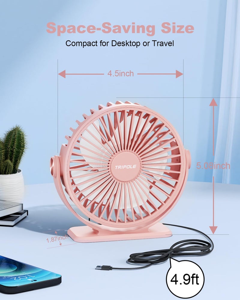 TriPole USB Desk Fan Mini Portable Personal Fan, 3 Speeds Adjustable Strong Breeze Small Electric Fan, 360Â° Rotation Quiet Plug In USB Fan for Desktop Bedroom Office Table Travel Cruise, Pink, 4.5in - Image 5