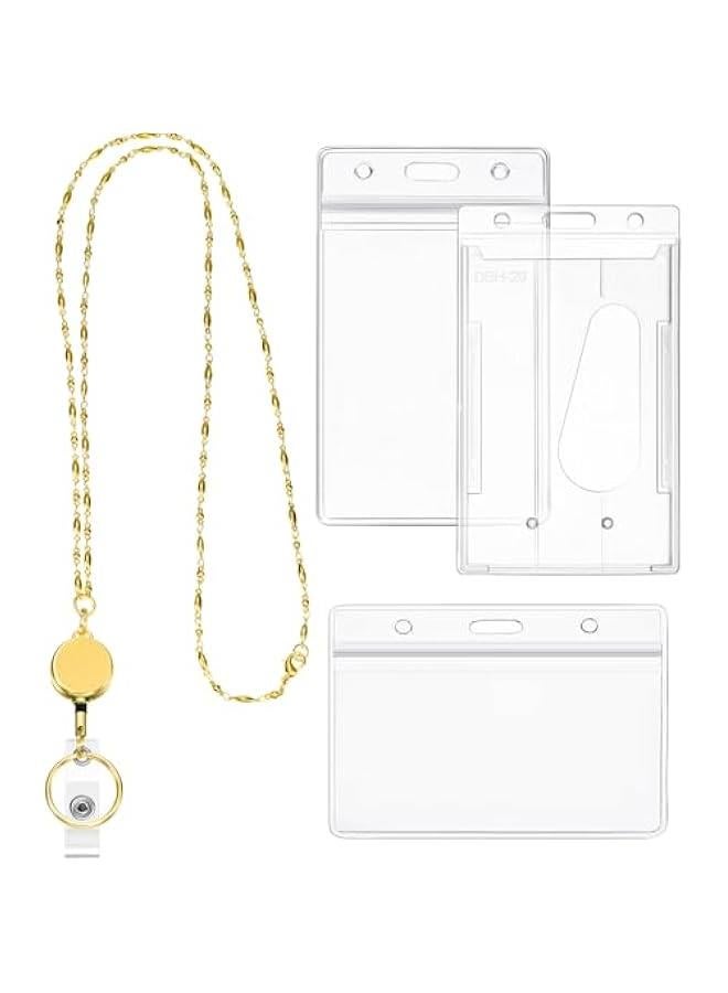 Arabest Elegant Gold Retractable Lanyard Set for Women - Cruise Necklace with ID Holder Clip Kit - Teacher's Stainless Steel Badge Reel Package  - Image 1