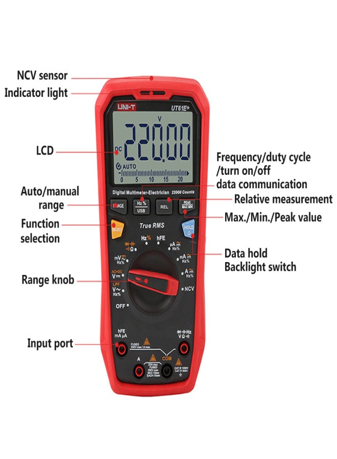 UNI-T UT61D+ Digital Multimeter Auto Range High Precision Professional NCV Tester True RMS Multimeter Multifunctional Tester Electric Measuring Instrument Support Data Transmission Temperature Measurement - Image 5