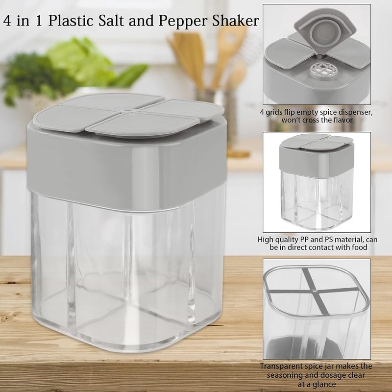 Runloon 4 Pack 4 in 1 Plastic Salt and Pepper Shaker, 4 Grids Flip Empty Spice Dispensers Travel Spice Container Compartment Seasoning Shakers with Lid Travel Spice Jars with Labels for Cooking BBQ - Image 2