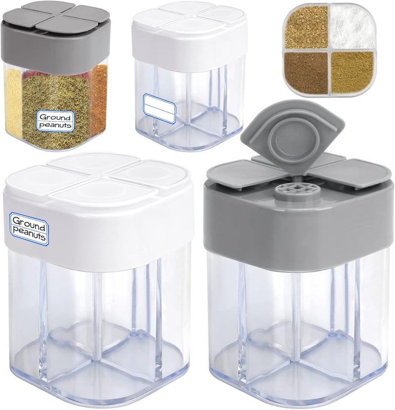 Runloon 4 Pack 4 in 1 Plastic Salt and Pepper Shaker, 4 Grids Flip Empty Spice Dispensers Travel Spice Container Compartment Seasoning Shakers with Lid Travel Spice Jars with Labels for Cooking BBQ - Image 1