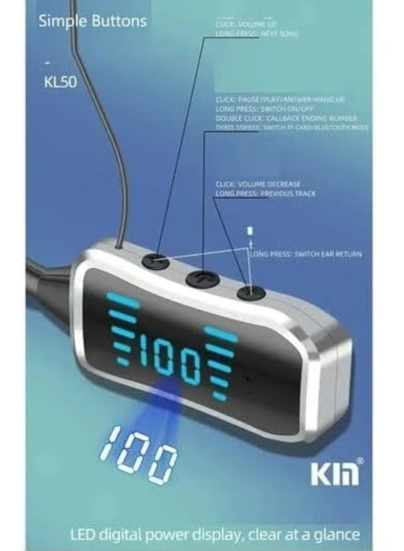 Kin KL50 Bluetooth Neckband Earphones, 48 Hours Playtime, LED Display, TF Card Support Beige - Image 2