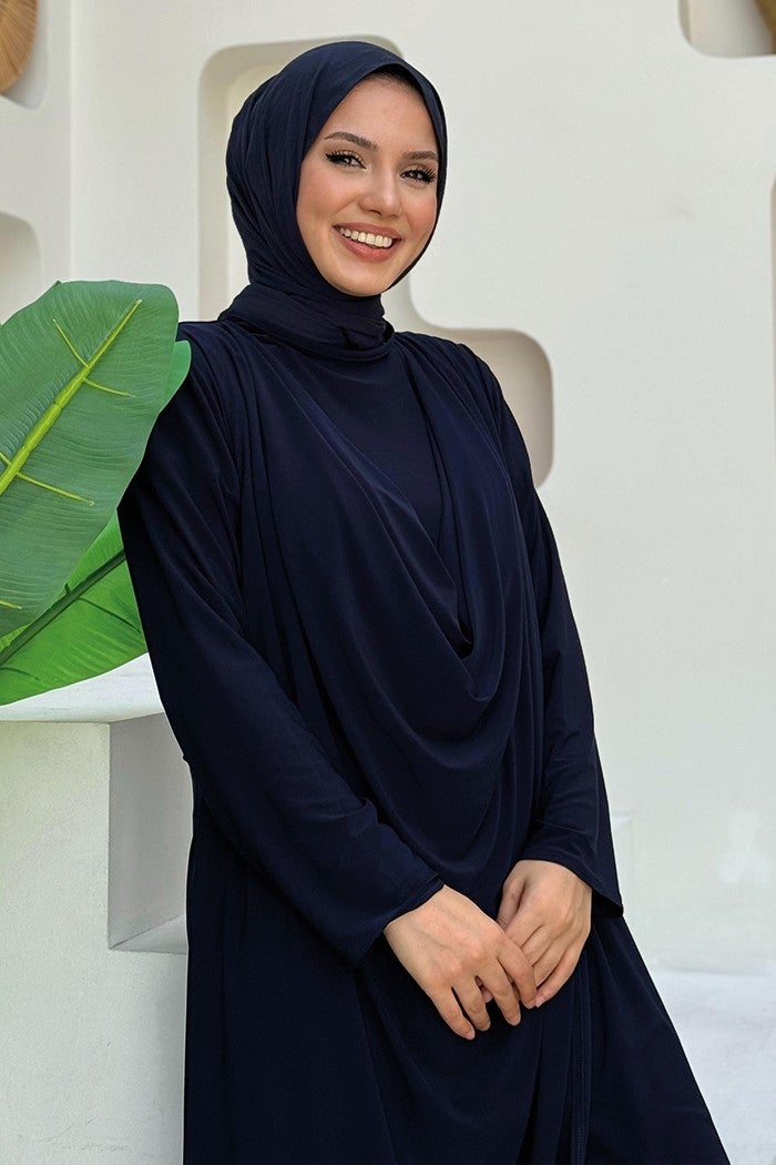 Bym Fashion Shawl Collar Biased Asymmetric Cut Trouser Tunic Set 8552 Navy Blue  - Image 4