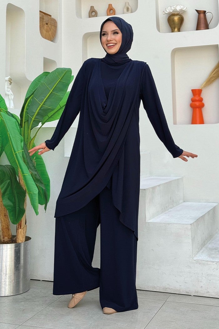 Bym Fashion Shawl Collar Biased Asymmetric Cut Trouser Tunic Set 8552 Navy Blue  - Image 1