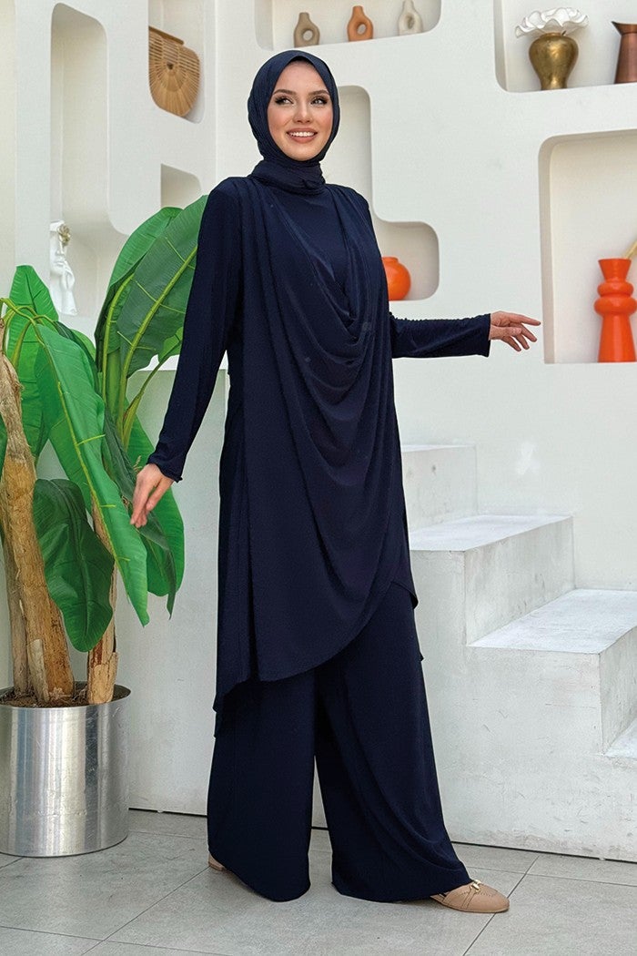Bym Fashion Shawl Collar Biased Asymmetric Cut Trouser Tunic Set 8552 Navy Blue  - Image 3