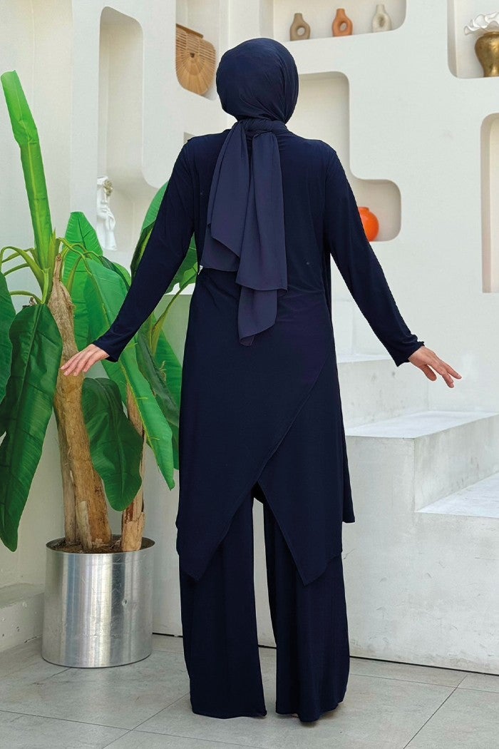 Bym Fashion Shawl Collar Biased Asymmetric Cut Trouser Tunic Set 8552 Navy Blue  - Image 2