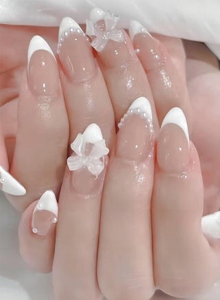 24-Piece Full Cover False French Tip Press on Nails,Medium Fake Nails Almond Glue on Nails Bow Charm Pearl Design Acrylic Nails(White) - view 2