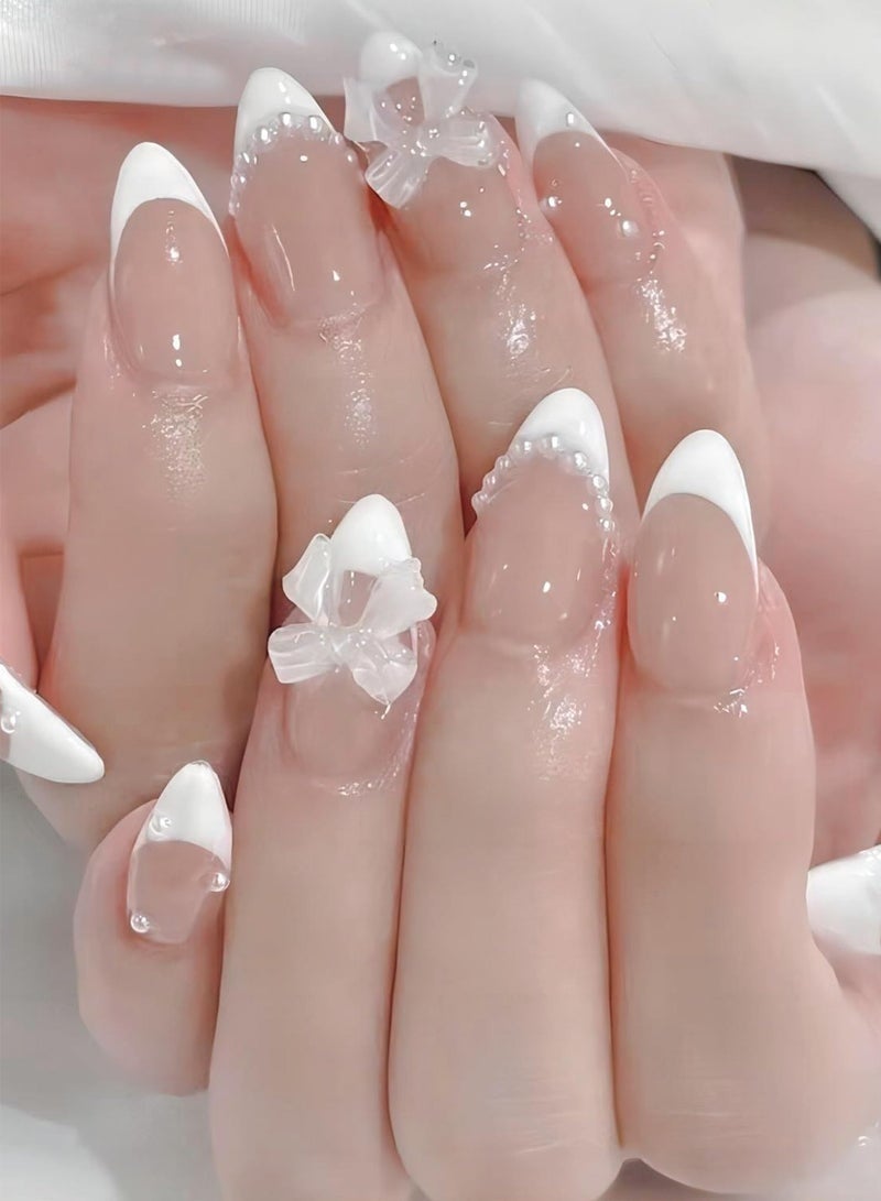 Layali 24-Piece Full Cover False French Tip Press on Nails,Medium Fake Nails Almond Glue on Nails Bow Charm Pearl Design Acrylic Nails(White) - Image 2