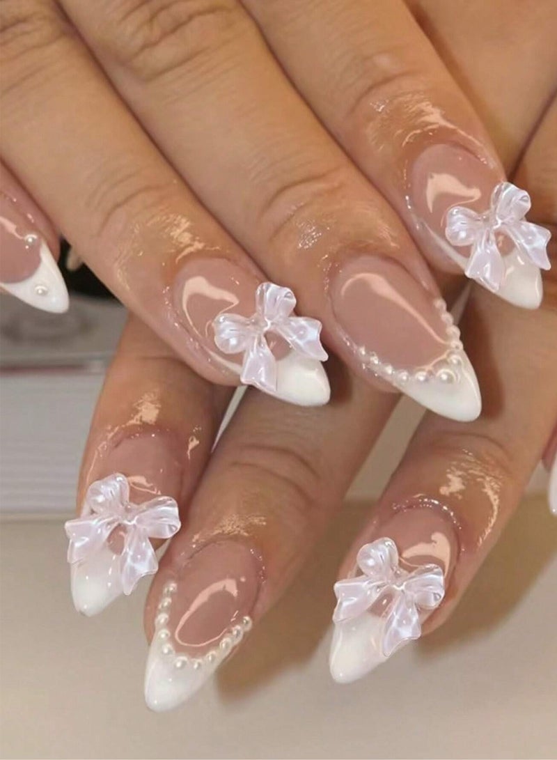 Layali 24-Piece Full Cover False French Tip Press on Nails,Medium Fake Nails Almond Glue on Nails Bow Charm Pearl Design Acrylic Nails(White) - Image 5