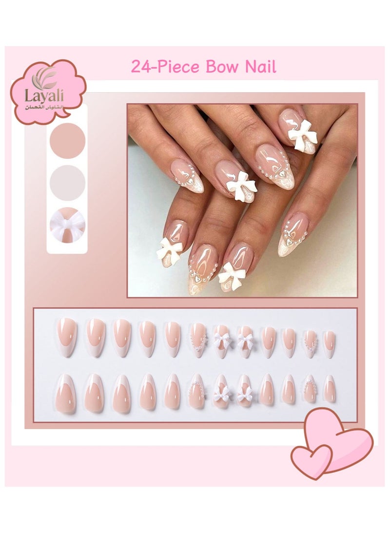 Layali 24-Piece Full Cover False French Tip Press on Nails,Medium Fake Nails Almond Glue on Nails Bow Charm Pearl Design Acrylic Nails(White) - Image 1