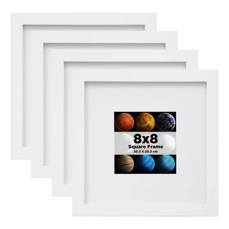 EGOFINE 8x8 Photo Frames Set of 4 Solid Wood Picture Frames with Acrylic Glass for Picture 4x4 with Mat or 20x20cm without Mat Square Frames with MountTabletop and Wall Mounting Display White