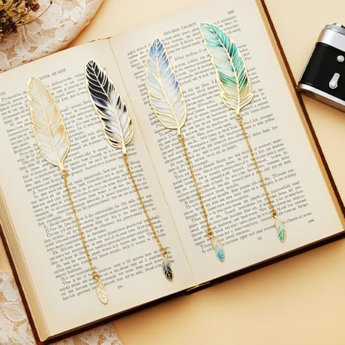 OFIFO® 4Pcs Vintage Metal Feather Bookmarks with Gradient Color Pendant, Retro Book Page Markers for Reading Lovers, Unique Gift for Students & Readers - Image 1